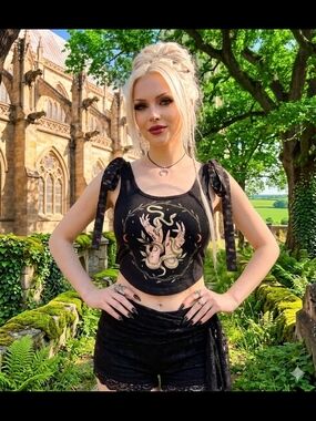 Black Tie-Shoulder Cropped Graphic Tank Top